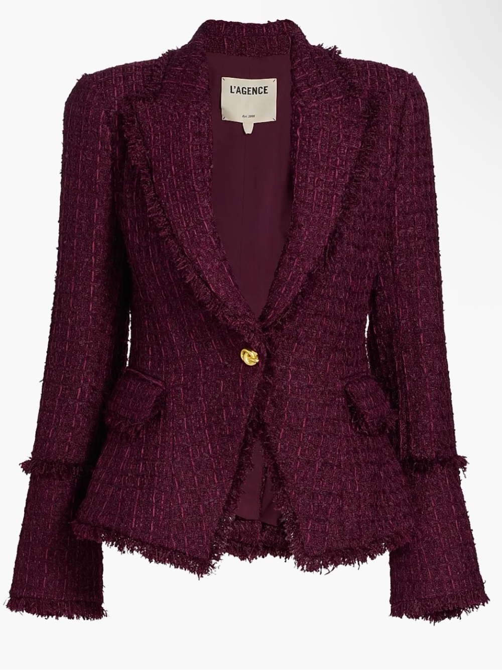 L'AGENCE Burgundy Bouclé Blazer with Gold Buttons - Picture 2 of 2
